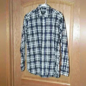 Cotton Reel blue tan white plaid long sleeve button down shirt size M